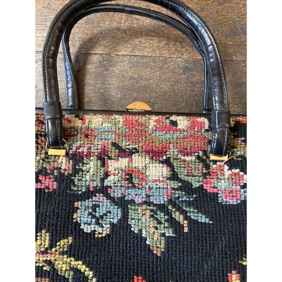 Vintage Black Floral Embroidered Needlepoint Tapestry Purse Handbag Read Below - Picture 4 of 12
